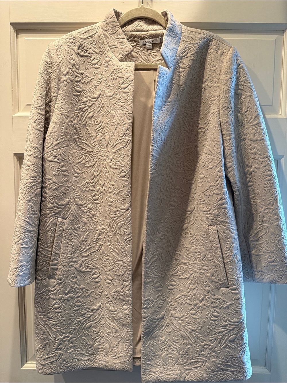 Chico's Cream Embossed Long Blazer/Jacket